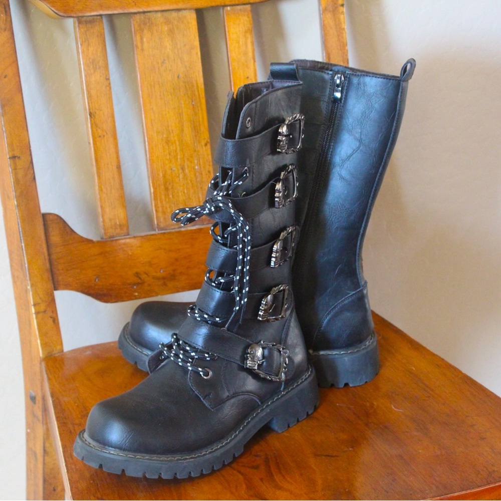 Black skull buckle calf height boots (size Euro 38, USA 6 women’s)